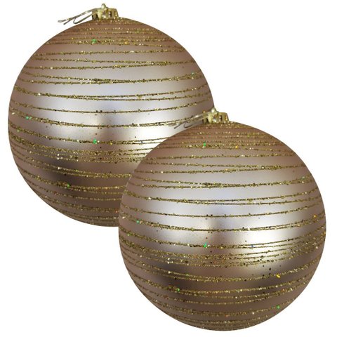 Kit 2 Bolas de Natal Grande Champanhe Fosca com Glitter Dourado Espiral 15cm Decorativa Premium