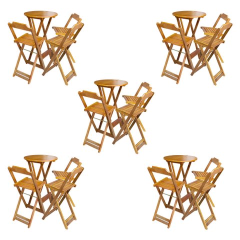 Kit 5 Jogos de Mesa Bistrô de Madeira Dobrável com 3 Banquetas - Mel