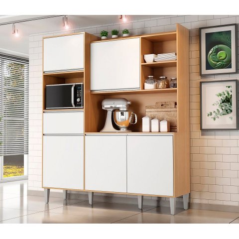 Cozinha Compacta Kit Isabel 5 Portas 1 Gaveta e Nicho P/ Microonda - Amendoa/branco Ajl