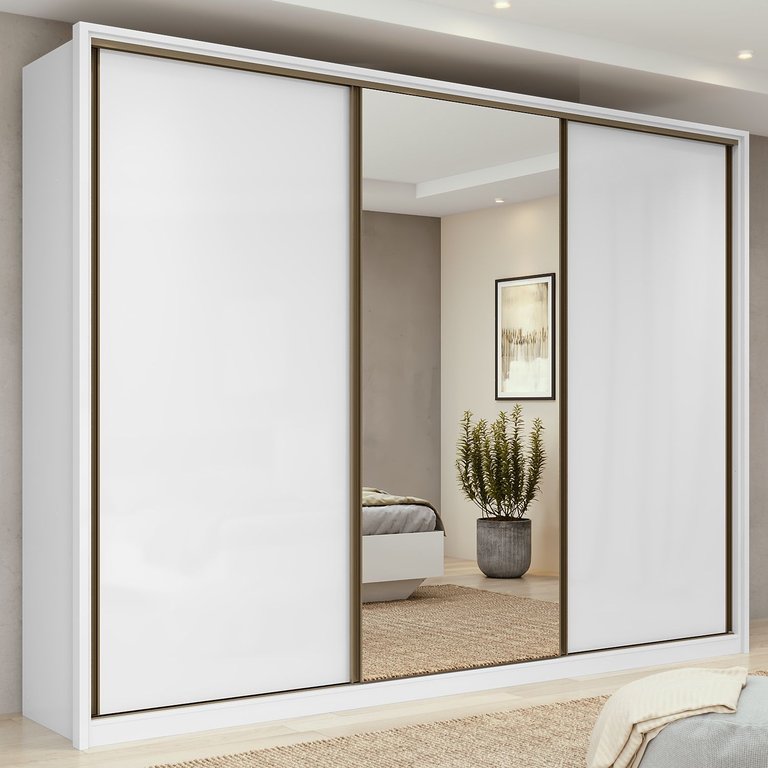 Guarda-roupa Casal com Espelho 3 Portas de Correr 6 Gavetas Spazio Glass Lopas