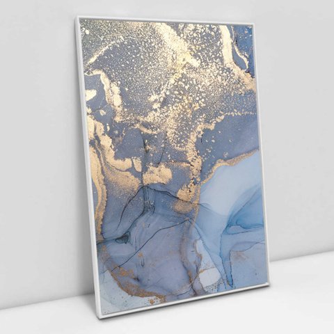Quadro Decorativo em Canvas Abstrato Mármore Azul Perolado TaColado Moldura Flutuante 4,5cm Branca 6