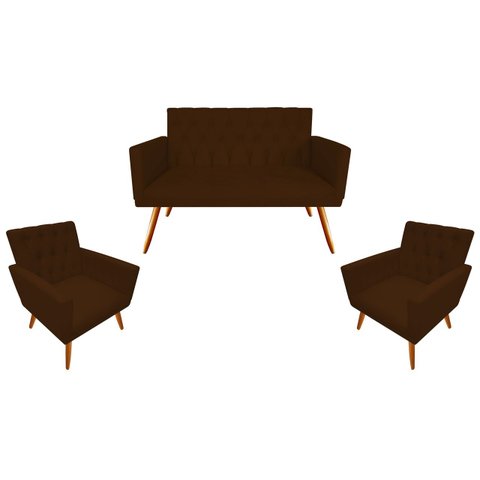 Kit Namoradeira + 2 Poltronas Decorativa Nina Capitonê Couro Marrom Pés Madeira Mz Decor