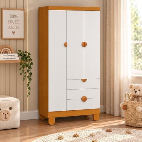 Guarda Roupa Apolo 3 Portas 3 Gavetas MDF Fosco Branco Fosco-Savana Reller Móveis