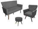 Ver imagem 1 de Kit Namoradeira + 1 Poltrona Decorativa Aurora + Puff Redondo Suede Cinza Pés Madeira Mz Decor