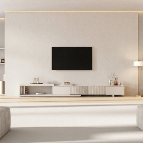 Rack Extensível Ripado com Painel TV 86 Polegadas Planejado 400x250cm Aruá CabeCasa MadeiraOriginals Off White
