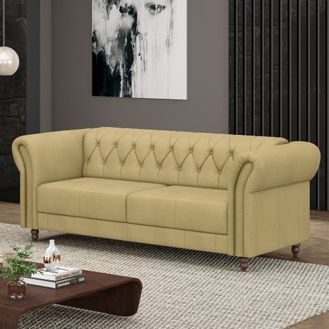 Sofá Living Sala de Estar Stanford Chesterfield 2 Lugares 200cm Pés de Madeira Couro Bege G58 - Gran