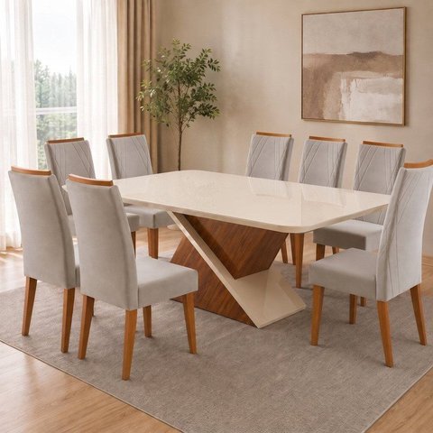 Conjunto Sala de Jantar 8 Lugares Retangular Tampo de Vidro Zafira Vegas Yescasa