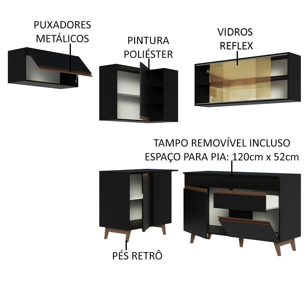 Armário de Cozinha Completa de Canto 332cm Preto Reims Madesa 03 - 5