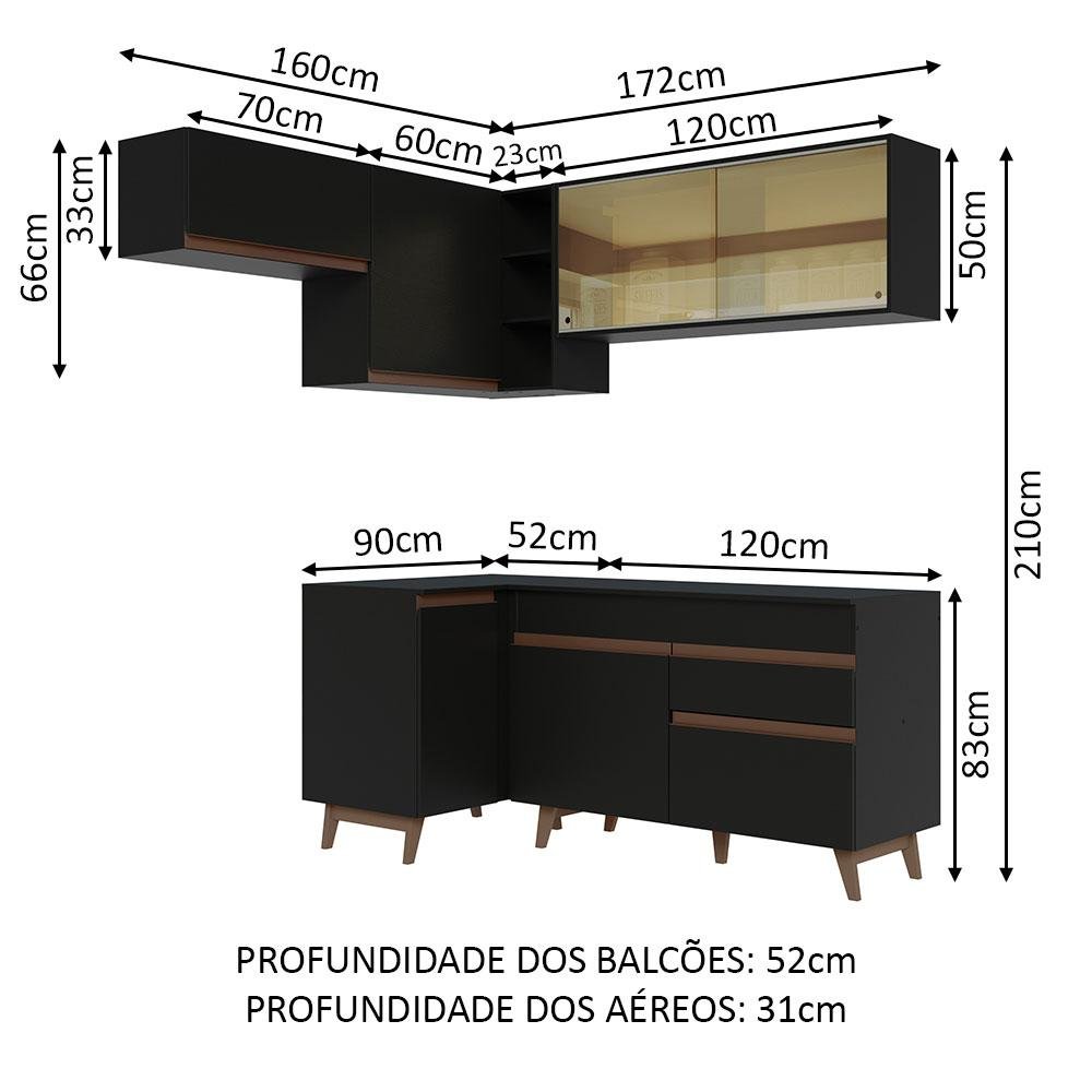 Armário de Cozinha Completa de Canto 332cm Preto Reims Madesa 03 - 4