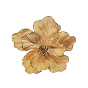 Flor Magnólia Natalina Veludo Dourado Pick com Glitter Luxo 50cm