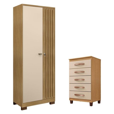 Cômoda Cannes 5 Gavetas com Armário Multiuso Versatile 2 Portas com Chave Carvalho Americano Off Whi
