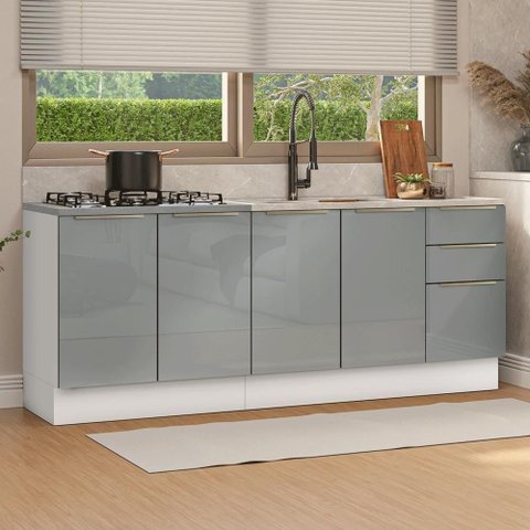 Armário de Cozinha Compacta 200 Cm Branco/cinza Lux Madesa 05 Branco/cinza