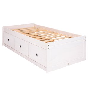 Cama de Solteiro com Gaveteiro de Madeira Branco Lavado