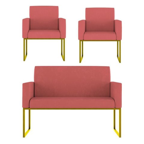 Kit 2 Poltronas + Namoradeira Lugares Recepção Base Dourada Rosa