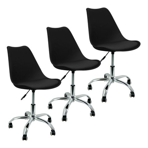 Kit 3 Cadeiras Leda Office Luisa Saarinen Estofada Base Giratória Cromada - Preto