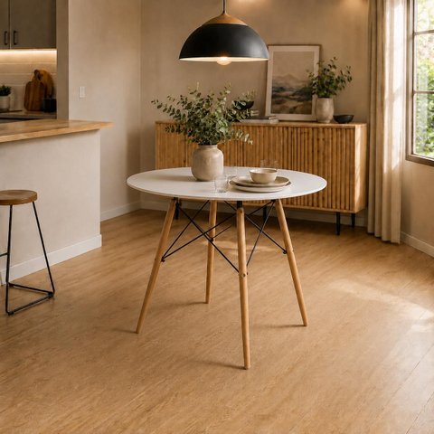Mesa Sala e Jantar Eames Eiffel 70cm Tampo de Madeira Branco Redondo Base 4PÉS Eucalipto Cozinha
