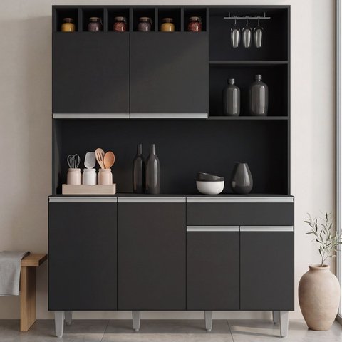 Kit Cozinha Compacta 130cm com 6 Portas 1 Gaveta Alice AJL Móveis - Preto Fosco