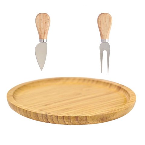 Kit Bandeja Bambu 25 Cm, Cortador e Garfo para Queijos Utensilios do Chef