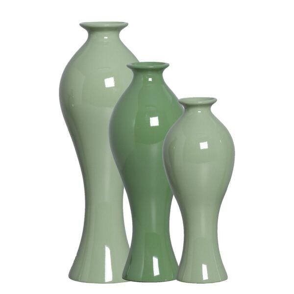 Trio Vaso Califórnia Decoração Em Cerâmica Verde Brilhante