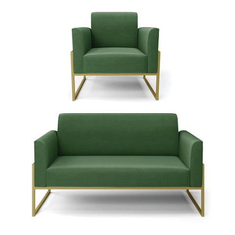 Sofá Namoradeira com Poltrona Base Industrial Alta Dourado Marisa Suede D03 - D’Rossi Verde