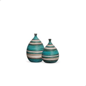 Dupla Garrafa Mimo Decoração em Cerâmica Azul e Palha Marrakesh