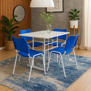 Jogo Mesa 120x70 para Restaurante Comércio com 4 Cadeiras Iso Azul Base Branca Ecomhome