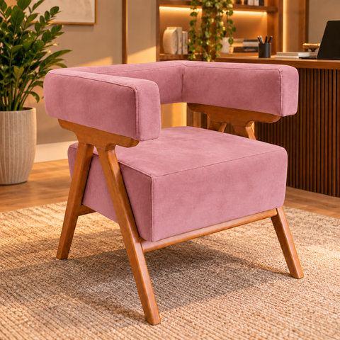 Poltrona Decorativa Mirela Suede Design Moderno Pés Madeira:Rosa