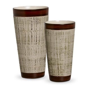 Dupla Vaso Firenze Decoração em Cerâmica Bege e Palha Ganash