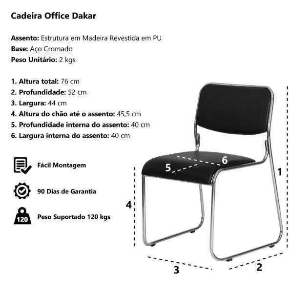 Kit 4 Cadeiras Office Dakar Preta Base Fixa Cromada - 6