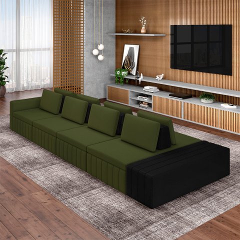 Sofá Ilha com Encosto e Almofadas Móveis Olimpo 425cm Modulado Linho/pu Verde/preto G45 - Gran Belo