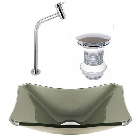 Cuba de Vidro Retangular Chanfrada 37cm Champanhe + Válvula Click + Torneira
