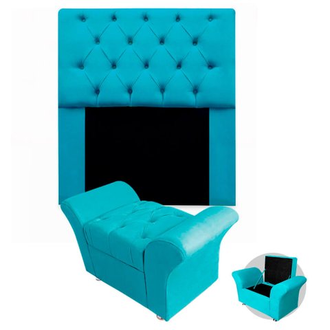 Kit Cabeceira Mirage + Calçadeira Baú Veneza Solteiro 120cm Suede - Ecotec Decor:Azul Turquesa