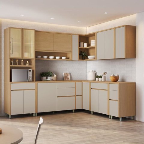 Cozinha 11 Peças Condessa Canto 100% MDF 14 Portas Bege/Carvalho Greige