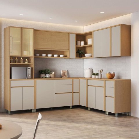 Cozinha 11 Peças Condessa Canto 100% MDF 14 Portas Bege/Carvalho Greige