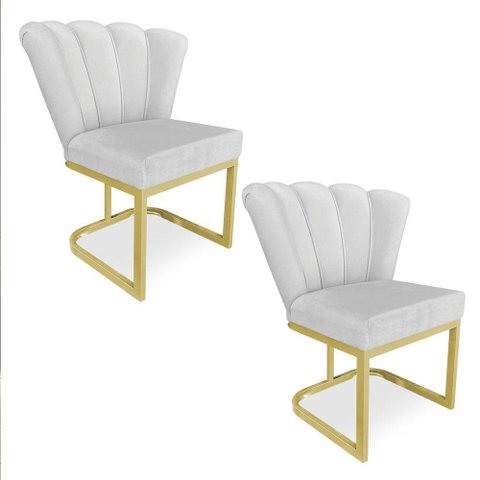 Kit 02 Poltronas Flor Veludo Base Metálica Industrial Dourado - Pallazio Cor Cinza