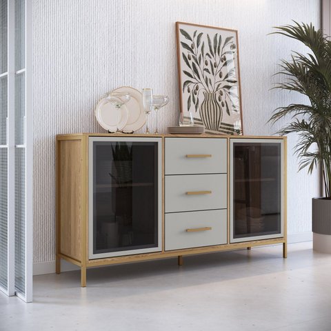 Balcão Buffet 150cm com 2 Portas de Vidro e 3 Gavetas Duo