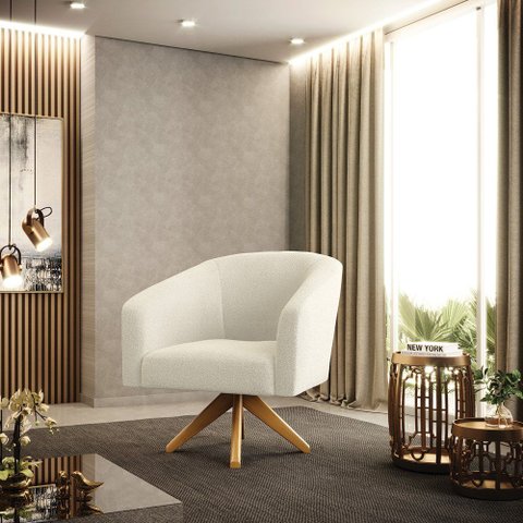 Poltrona Giratória Stella Bouclê Bege Base de Madeira Ma30 - D'rossi