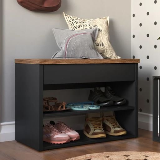 Sapateira E Banco 2 Prateleiras E Assento Hall - Preto / Freijó