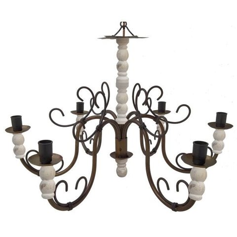 Lustre Artesanal Grande em Ferro e Madeira para Sala de Jantar Retro - Verniz & Branco