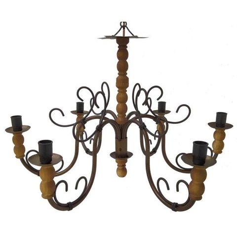 Lustre Artesanal Grande em Ferro e Madeira para Sala de Jantar Retro - Verniz