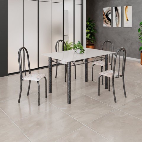 Conjunto de Mesa Tubular 120cm x 75cm Tampo em Vidro com 4 Cadeiras Iris B Prata/Bege