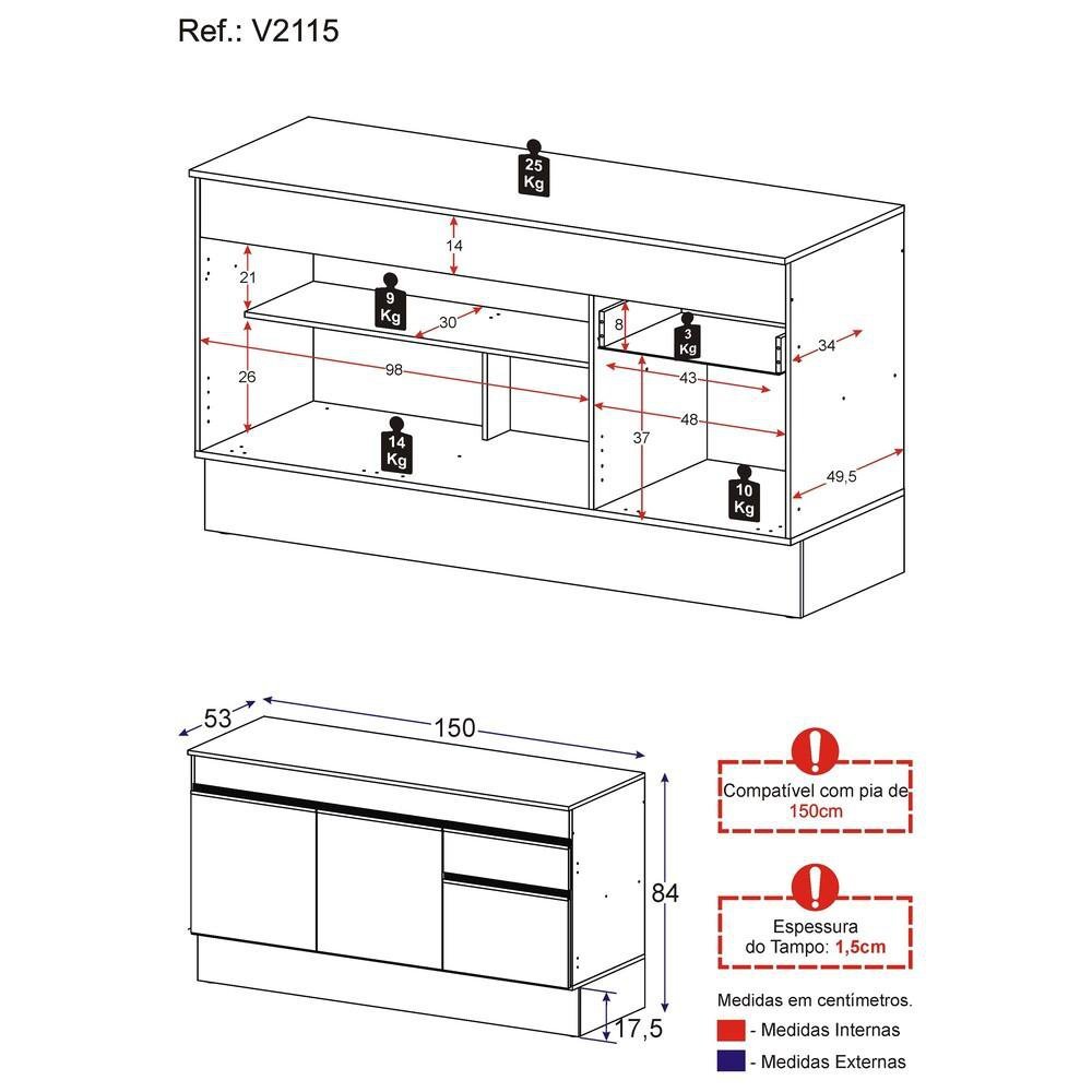 Balcão Cozinha Gabinete Pia 150cm com Rodapé 3 Portas 1 Gaveta Veneza Multimóveis V2115 Preto - 3