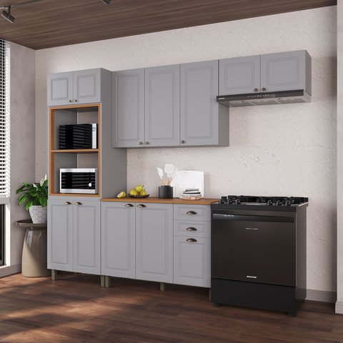 Cozinha Modulada 4 Peças Torre Quente Balcão com Tampo 2 Aéreos 100% MDF Bari Cinza/Titanio Fosco