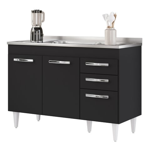 Balcão Gabinete com Pia Inox 120cm 3 Portas 2 Gavetas Suécia Preto - Lumil Lumil Móveis