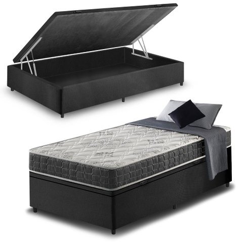 Cama Box com Baú Solteiro Preta + Colchão San Francisco Ortopédico Espuma D33 88x188x54cm