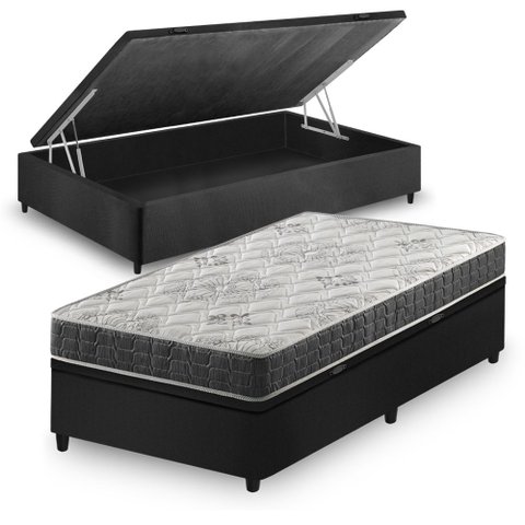 Cama Box Baú Solteiro Preto + Colchão Espuma D33 Ortopédico Zidi San Francisco 88x188x59cm