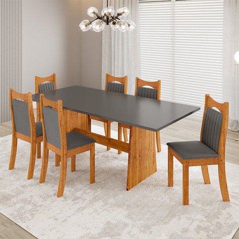 Conjunto Sala de Jantar 6 Lugares Retangular Tampo de MDP Riviera Yescasa Cinza/Mel