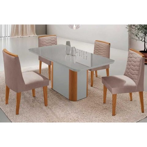Conjunto Sala de Jantar Pietá C/ Tampo Madeirado C/ Vidro Canto Curvo 120x80cm e 4 Cadeiras