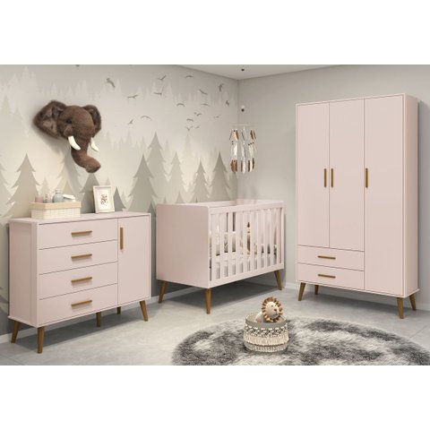 Jogo de Quarto Retrô para Bebê Completo 3 Portas Isis Rosa Fosco - MoveisAqui
