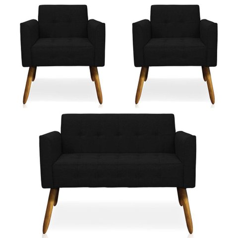 Conjunto 2 Poltronas e 1 Namoradeira Pés Palito Linho Preto